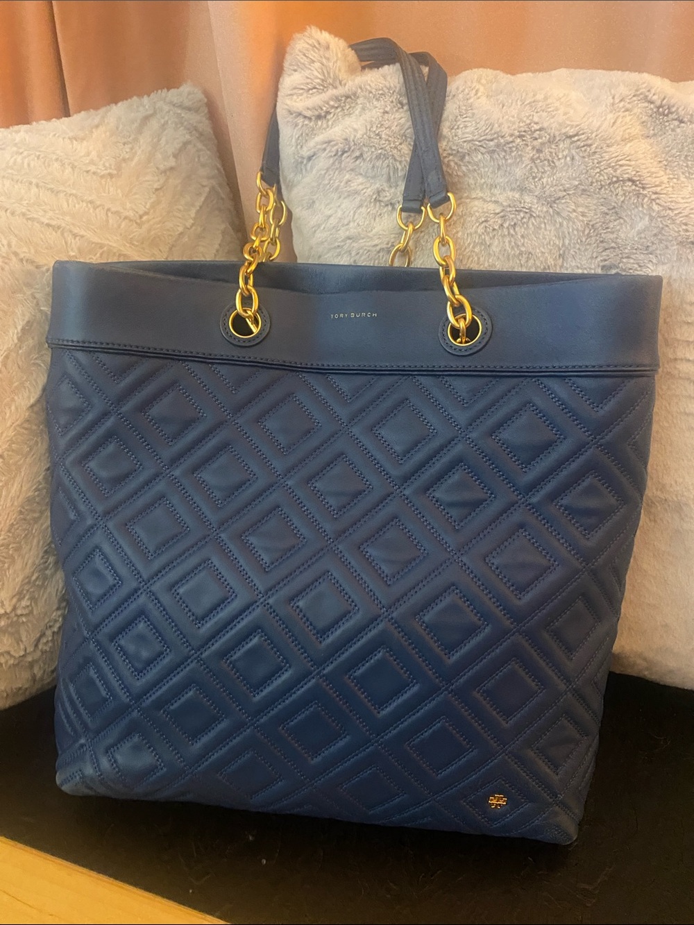 Tory Burch Quilted Navy Leather Tote with Gold Chain-Accent Handles
